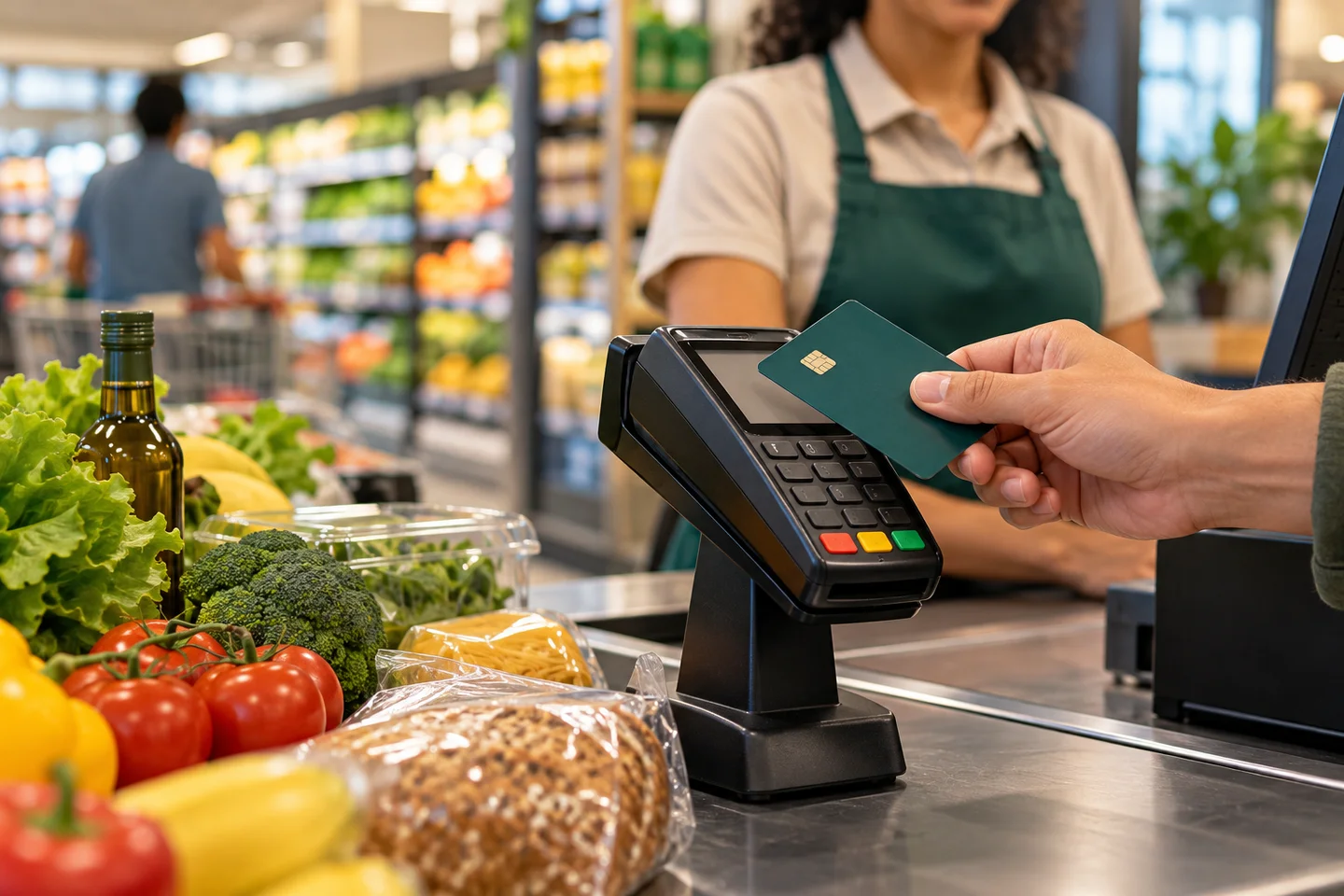 Cartão de benefício próximo à maquininha no caixa de um supermercado com alimentos sobre o balcão