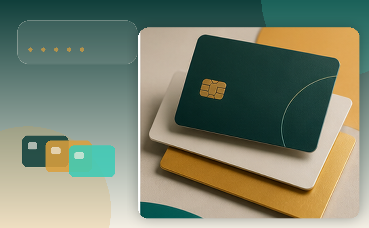 Cartões de benefícios corporativos em uma composição editorial teal e âmbar