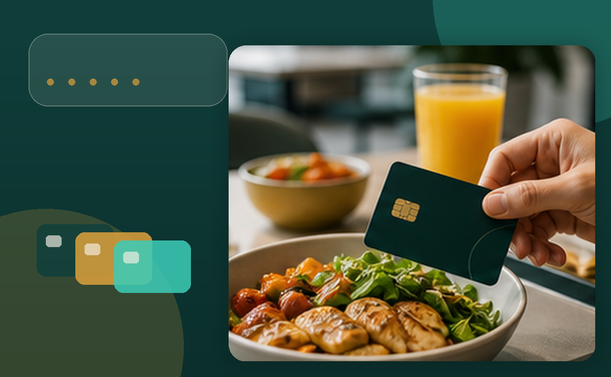 Mesa corporativa com cartão de alimentação e checklist de governança