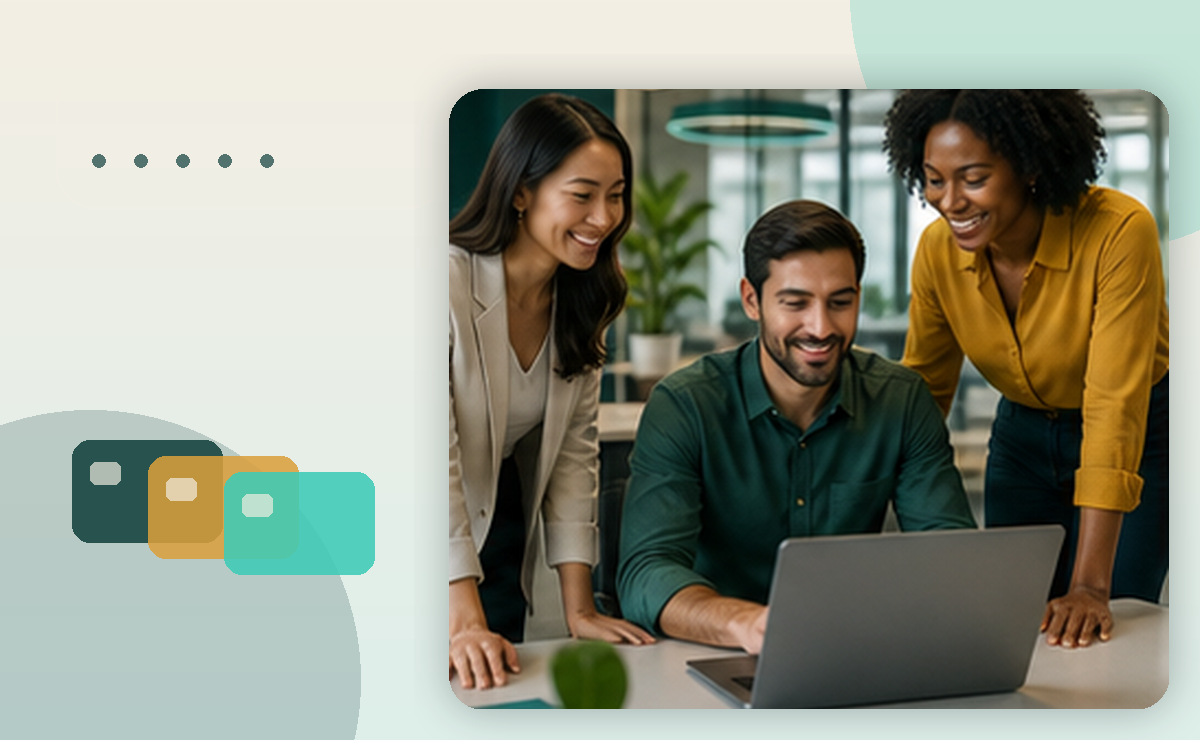 Cartões corporativos e aplicativo de benefícios sobre fundo teal e âmbar