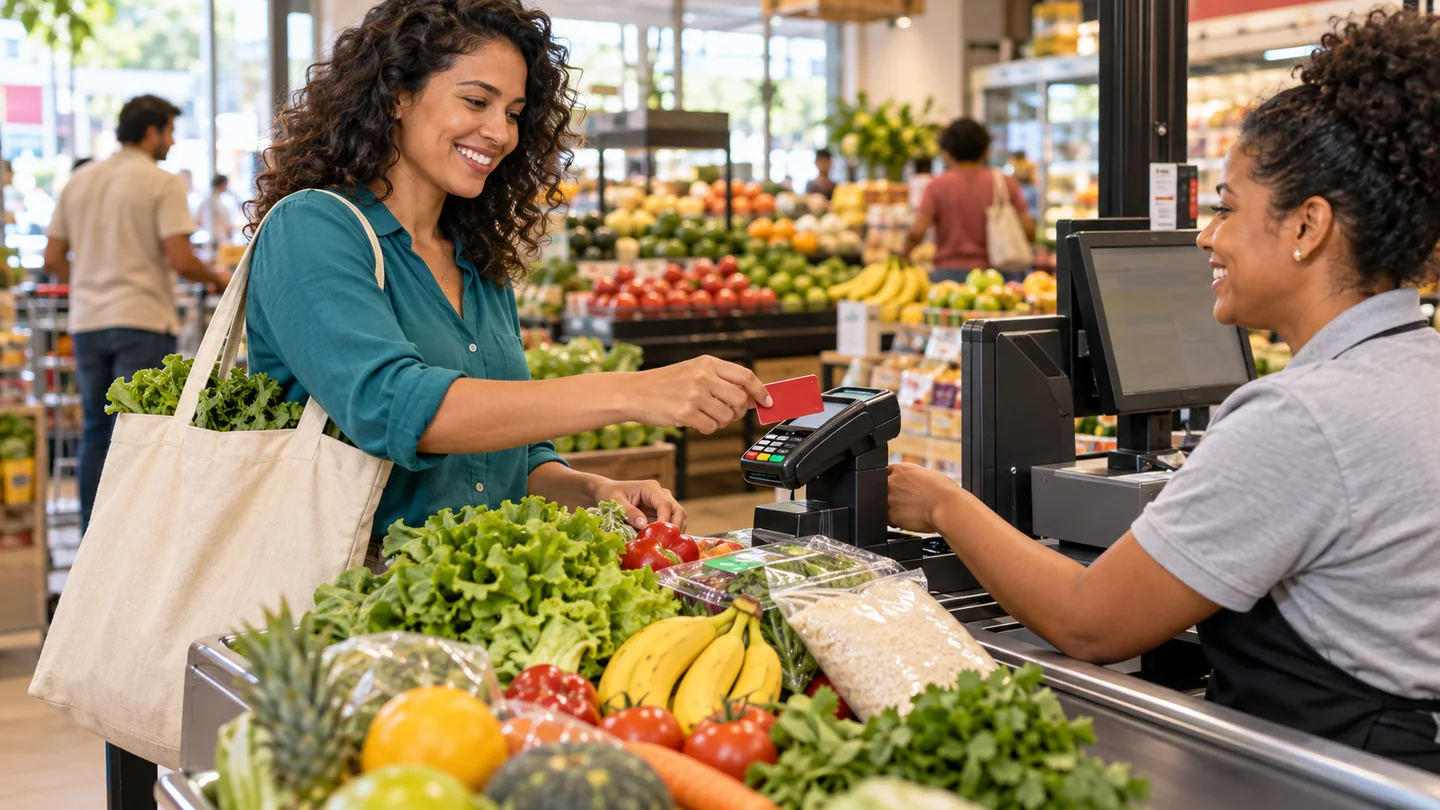 Cena ilustrativa gerada por IA de uso de benefício de alimentação e refeição