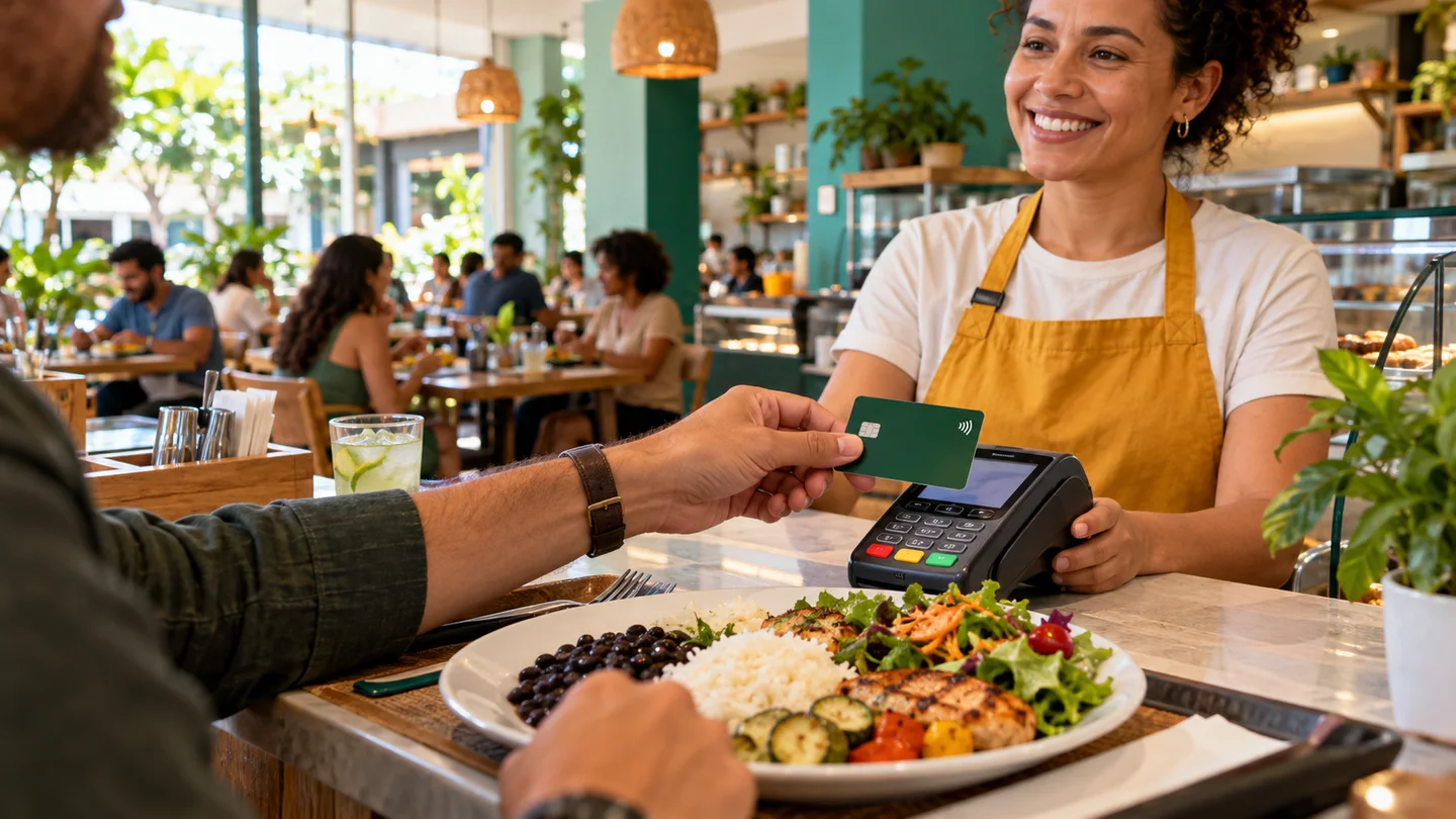 Cena ilustrativa gerada por IA de uso de cartão de refeição no almoço
